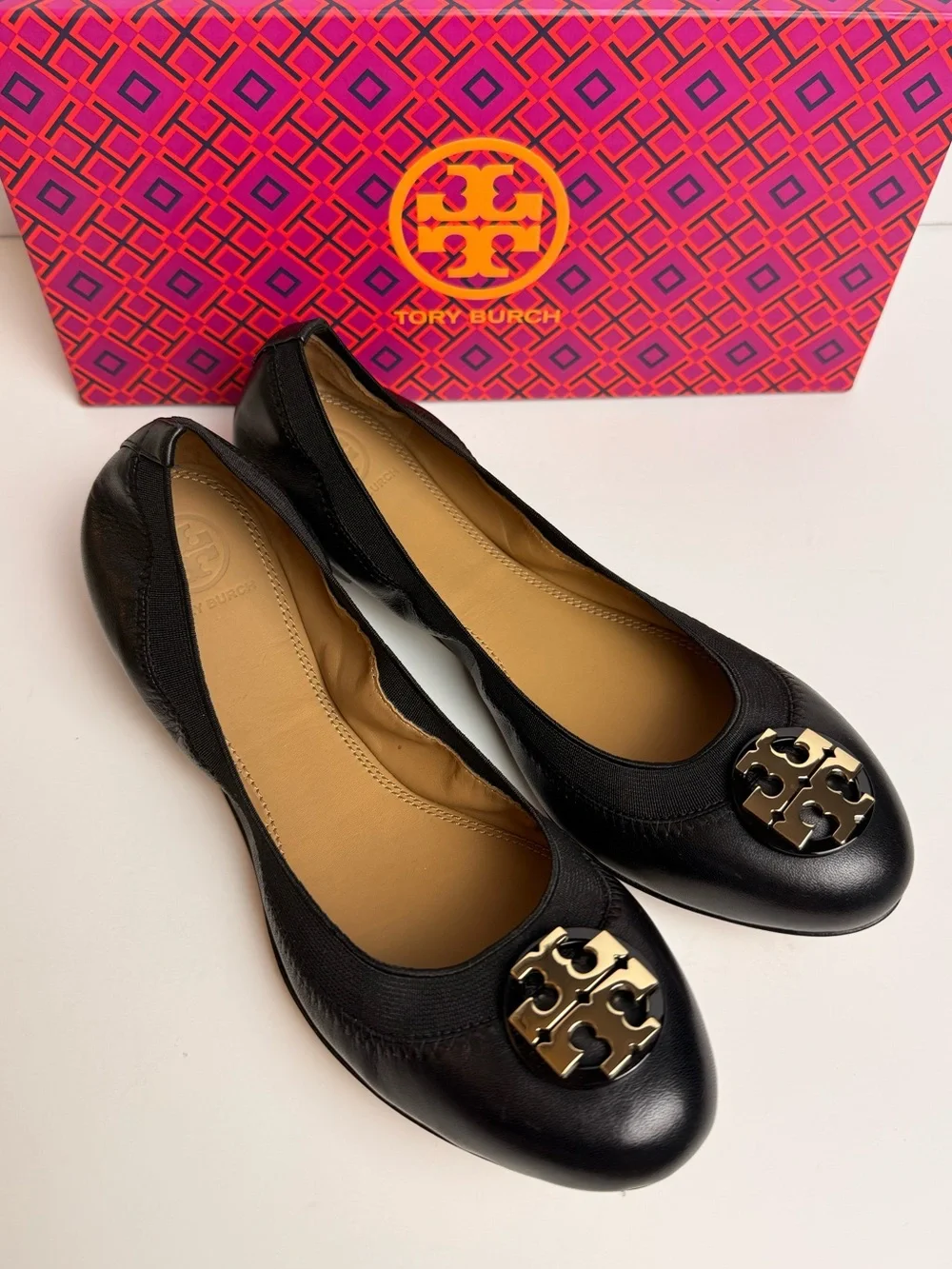 Tory Burch Claire Elastic Ballet Flats Black Nappa Leather Gold Logo Shoes Sz 8